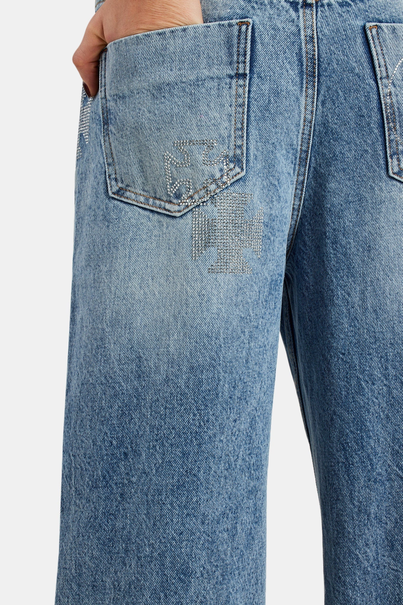 Ladies Baggy Rhinestone Cross Jeans - Light Blue