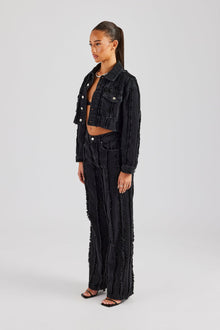 Oversized Raw Edge Cropped Denim Jacket & Relaxed Jean - Washed Black
