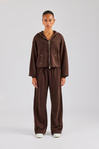 Raw Edge Zip Through Hoodie and Jogger Set - Chocolate