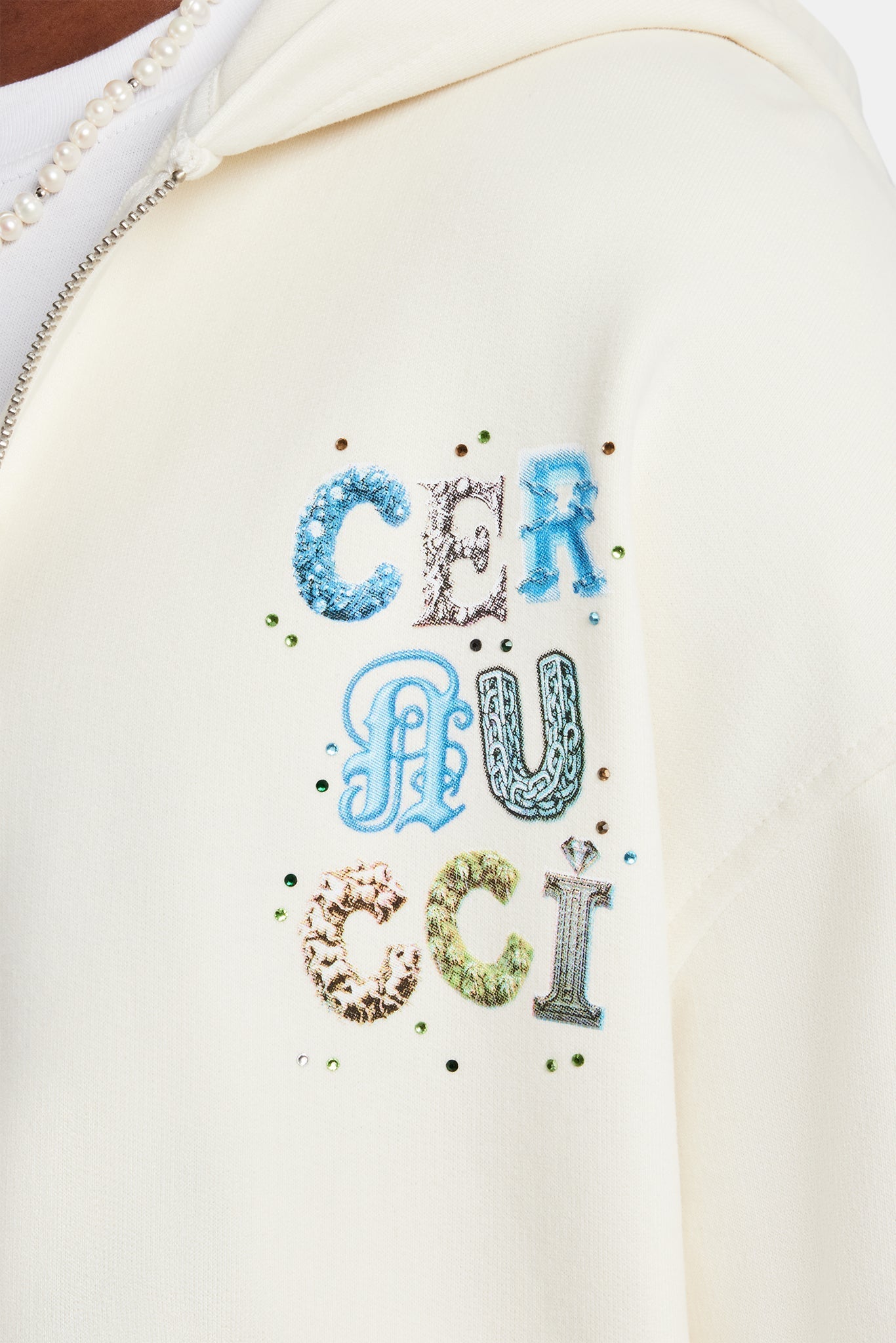 AmalfiGold Letter Rhinestone Zip Through Hoodie & Short Set - Off White