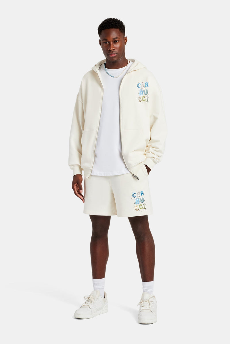AmalfiGold Letter Rhinestone Zip Through Hoodie & Short Set - Off White