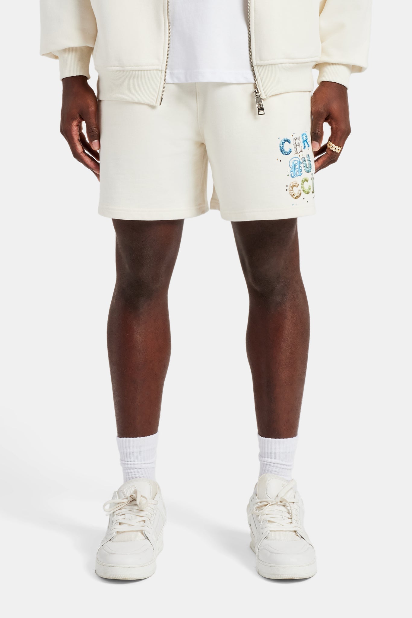 AmalfiGold Relaxed Letter Rhinestone Shorts - Off White