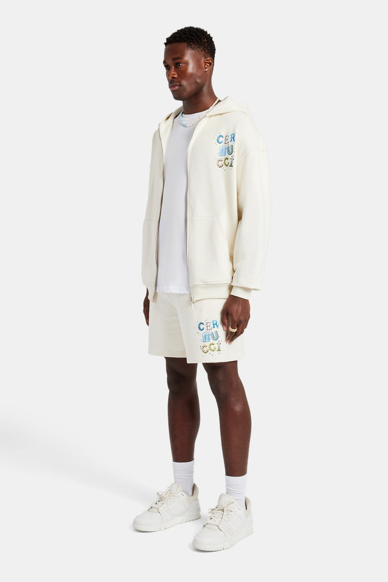 AmalfiGold Letter Rhinestone Zip Through Hoodie & Short Set - Off White