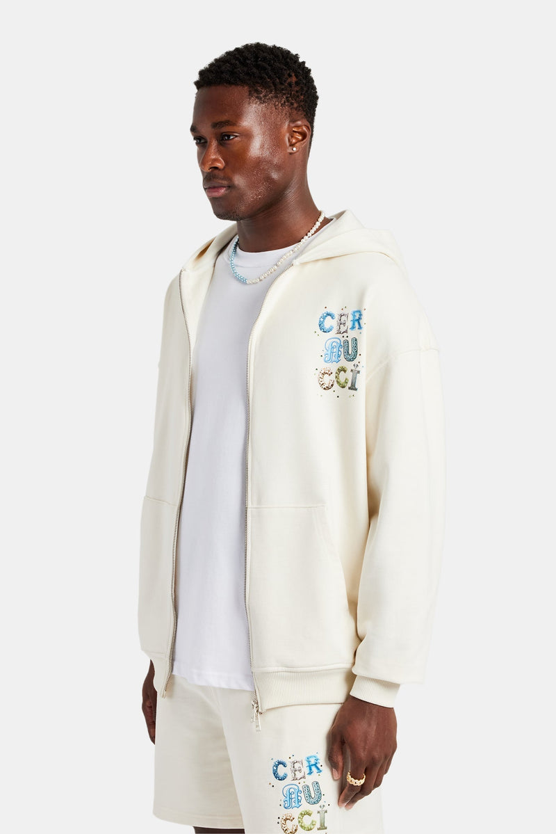AmalfiGold Letter Rhinestone Zip Through Hoodie - Off White