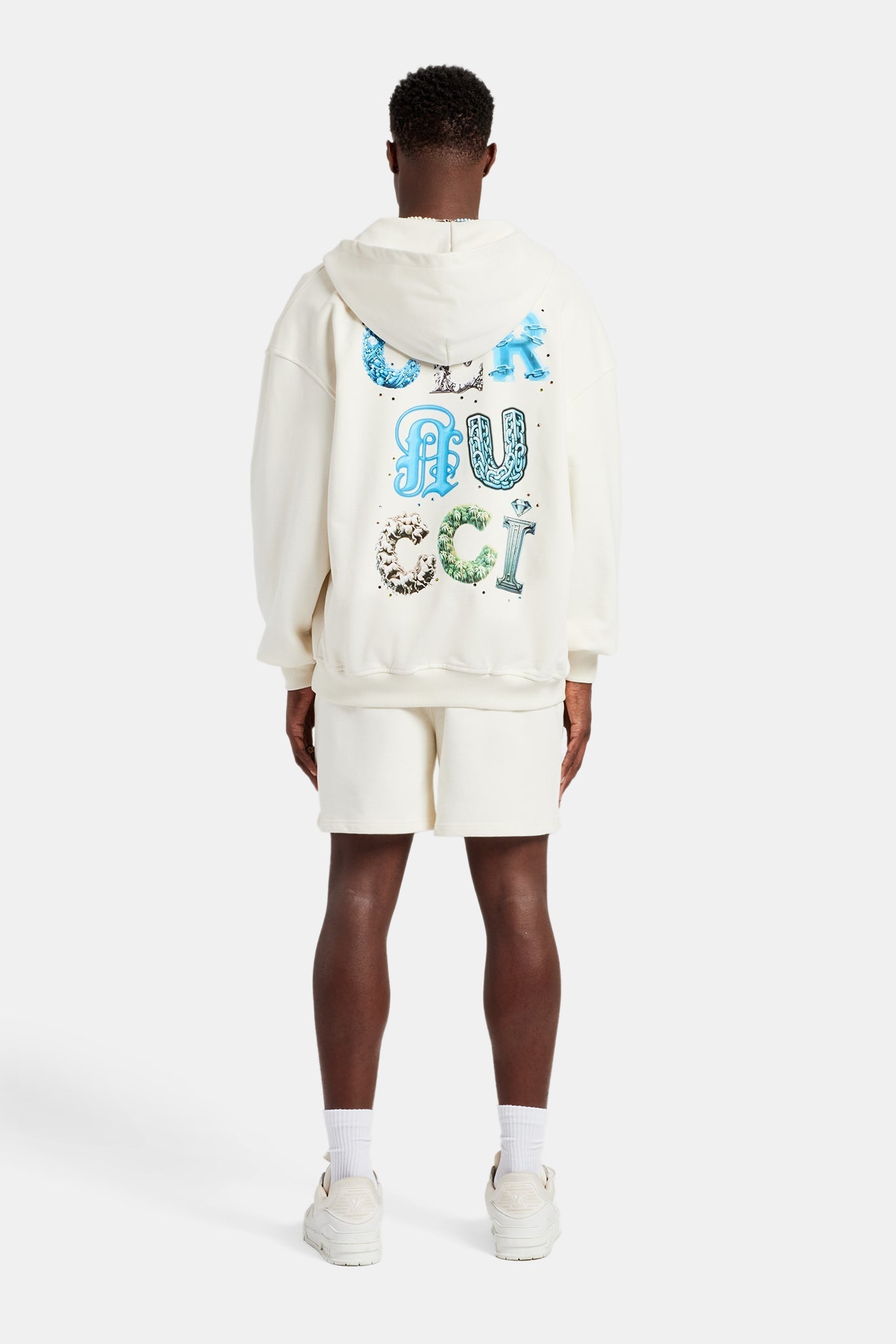 AmalfiGold Letter Rhinestone Zip Through Hoodie & Short Set - Off White