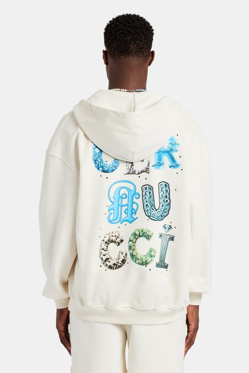 AmalfiGold Letter Rhinestone Zip Through Hoodie - Off White