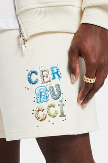 AmalfiGold Relaxed Letter Rhinestone Shorts - Off White