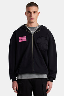 Printed Applique Zip Hoodie - Black